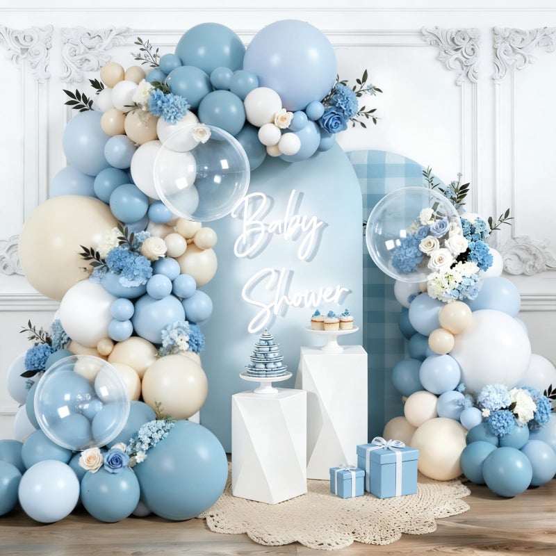 PUFFLD Dusty Blue Balloons Arch Garland Kit, Light Pastel Blue and Sand White Balloons for Birthday Gender Reveal Graduation Bachelorette Party Decorations - Image 1