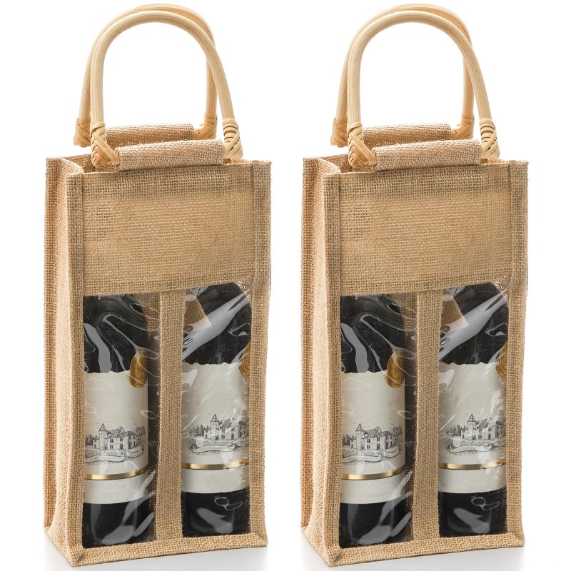 Peohud Peohud 2 Pack Burlap Wine Bottle Bags 4 Bottle Jute Wine Tote Vintage Packaging Gift Bags with Window and Handle for Wedding Birthday Party Christmas Holiday Festival 