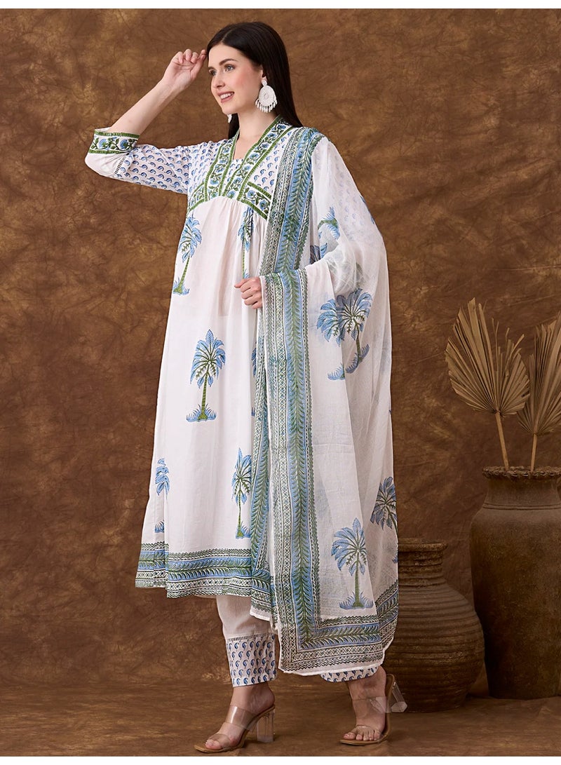 PRIYA’S PANACHE Women's Ethnic Floral Embroidered A-Line Kurta Set with Pants & Dupatta - White - Image 1