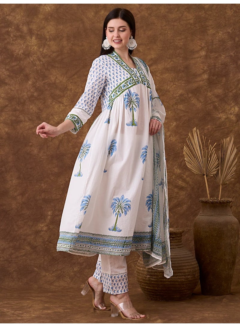 PRIYA’S PANACHE Women's Ethnic Floral Embroidered A-Line Kurta Set with Pants & Dupatta - White - Image 2