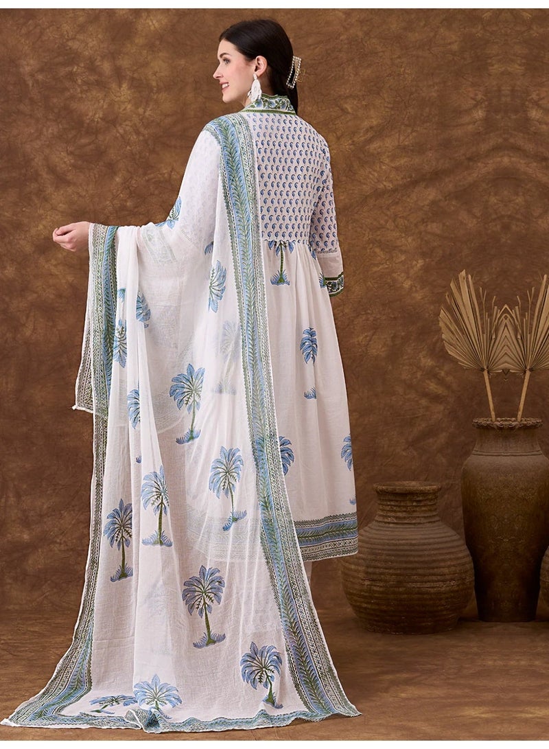 PRIYA’S PANACHE Women's Ethnic Floral Embroidered A-Line Kurta Set with Pants & Dupatta - White - Image 4