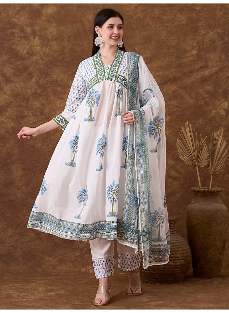PRIYA’S PANACHE Women's Ethnic Floral Embroidered A-Line Kurta Set with Pants & Dupatta - White - Image 5
