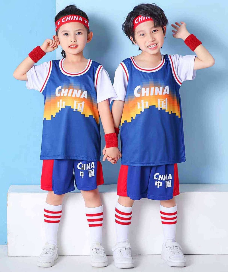 Children'S Basketball Suit Suit Fake Two-Piece Short-Sleeved Jersey For Boys And Girls Kindergarten Performance Suit Student Printing Training Suit - Image 1