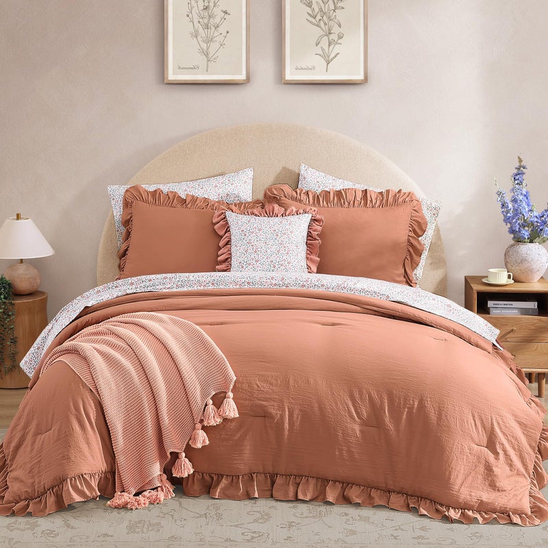 BLOOMHAVEN Queen Comforter Set - 7 Pieces Ruffle Autumn Leaf Bedding Sets, Shabby Chic Farmhouse Bed in a Bag Queen with Ruffle Comforter, Floral Sheets, Pillowcases & Shams - Image 2