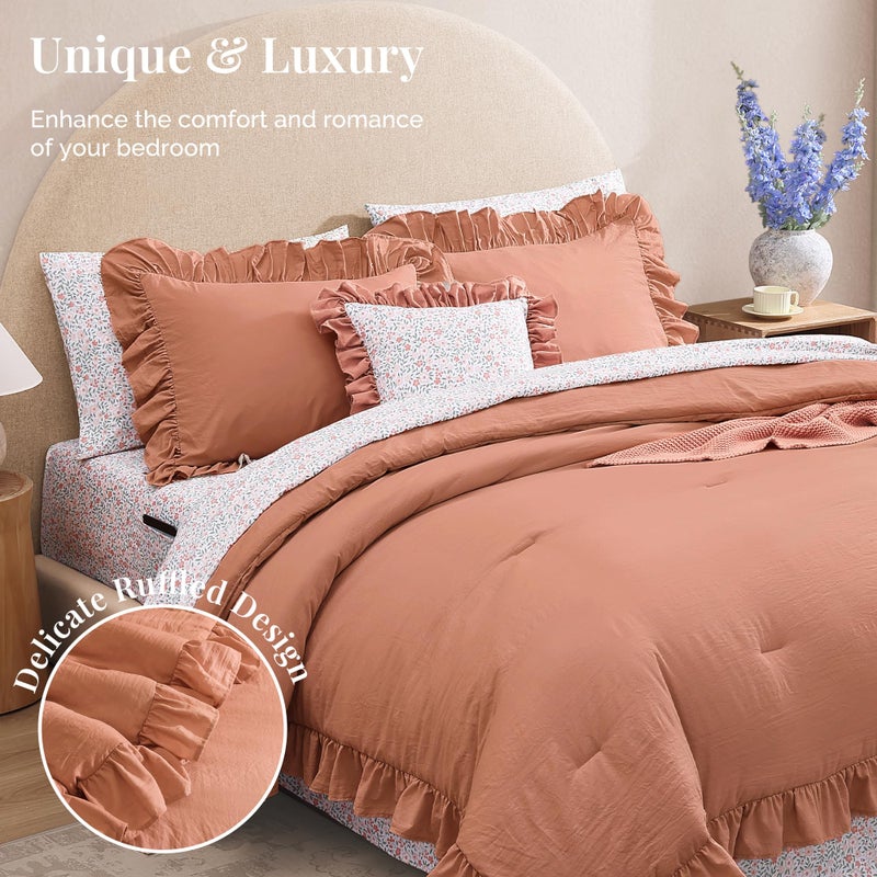BLOOMHAVEN Queen Comforter Set - 7 Pieces Ruffle Autumn Leaf Bedding Sets, Shabby Chic Farmhouse Bed in a Bag Queen with Ruffle Comforter, Floral Sheets, Pillowcases & Shams - Image 5