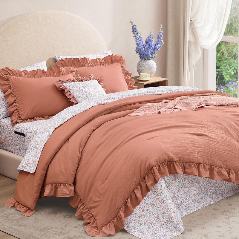 BLOOMHAVEN Queen Comforter Set - 7 Pieces Ruffle Autumn Leaf Bedding Sets, Shabby Chic Farmhouse Bed in a Bag Queen with Ruffle Comforter, Floral Sheets, Pillowcases & Shams - Image 3