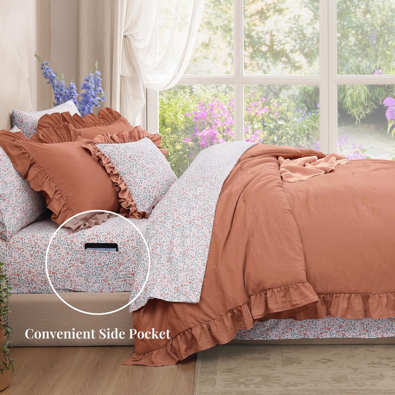 BLOOMHAVEN Queen Comforter Set - 7 Pieces Ruffle Autumn Leaf Bedding Sets, Shabby Chic Farmhouse Bed in a Bag Queen with Ruffle Comforter, Floral Sheets, Pillowcases & Shams - Image 4
