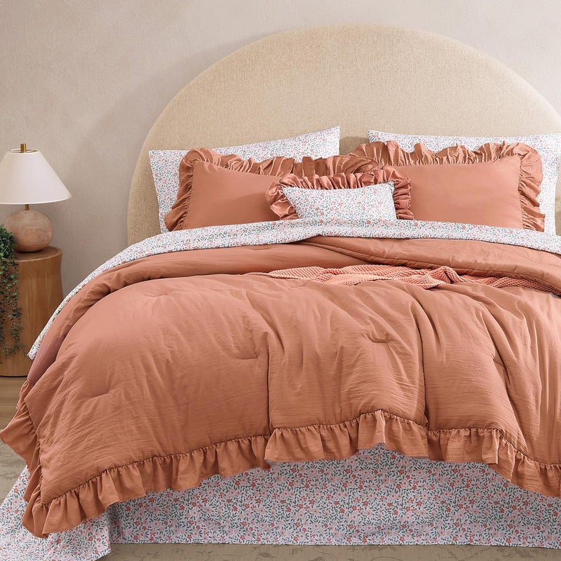 BLOOMHAVEN Queen Comforter Set - 7 Pieces Ruffle Autumn Leaf Bedding Sets, Shabby Chic Farmhouse Bed in a Bag Queen with Ruffle Comforter, Floral Sheets, Pillowcases & Shams - Image 1