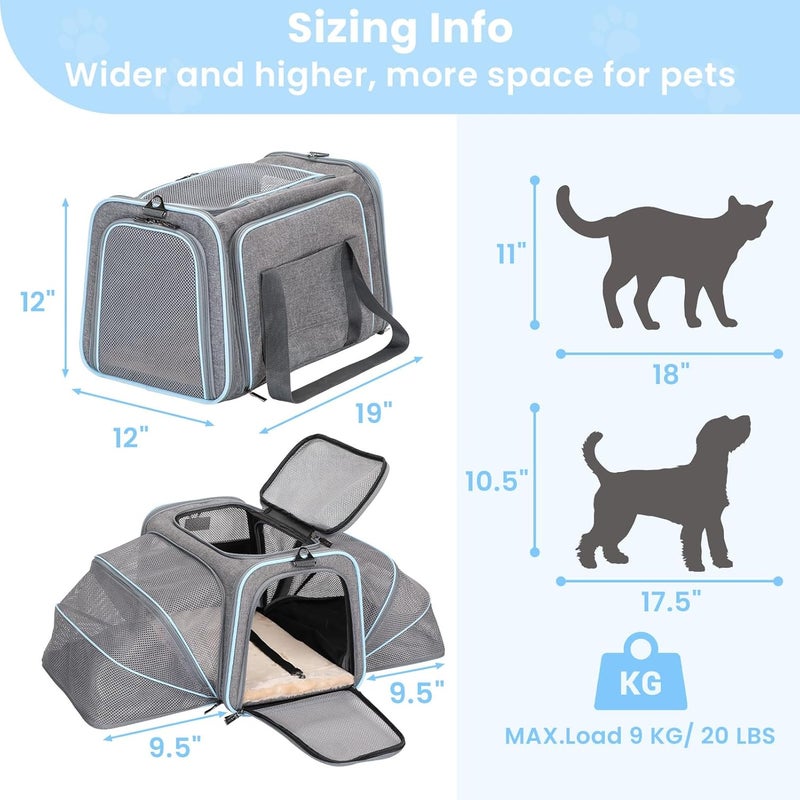 Petsfit Expandable Cat Carrier for 2 Cats Small Dog Carriers, Soft-Sided Portable Washable Pet Travel Carrier with Two Extension for Kittens, Puppies, Rabbits, 19 x 12x 12 inches, Light Grey - Image 2