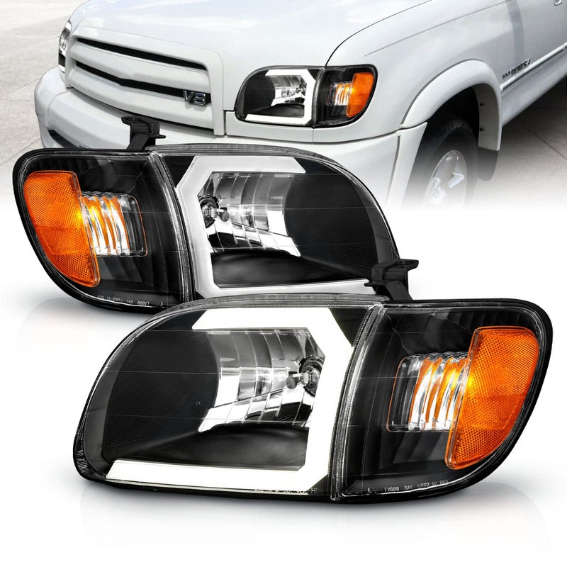 AmeriLite For 20002004 Toyota Tundra Regular Access Cab CType Led Halogen Pickup Truck Tube Headlight Corner Lamp Set Driver and Passenger Side Vehicle Light Assembly Black