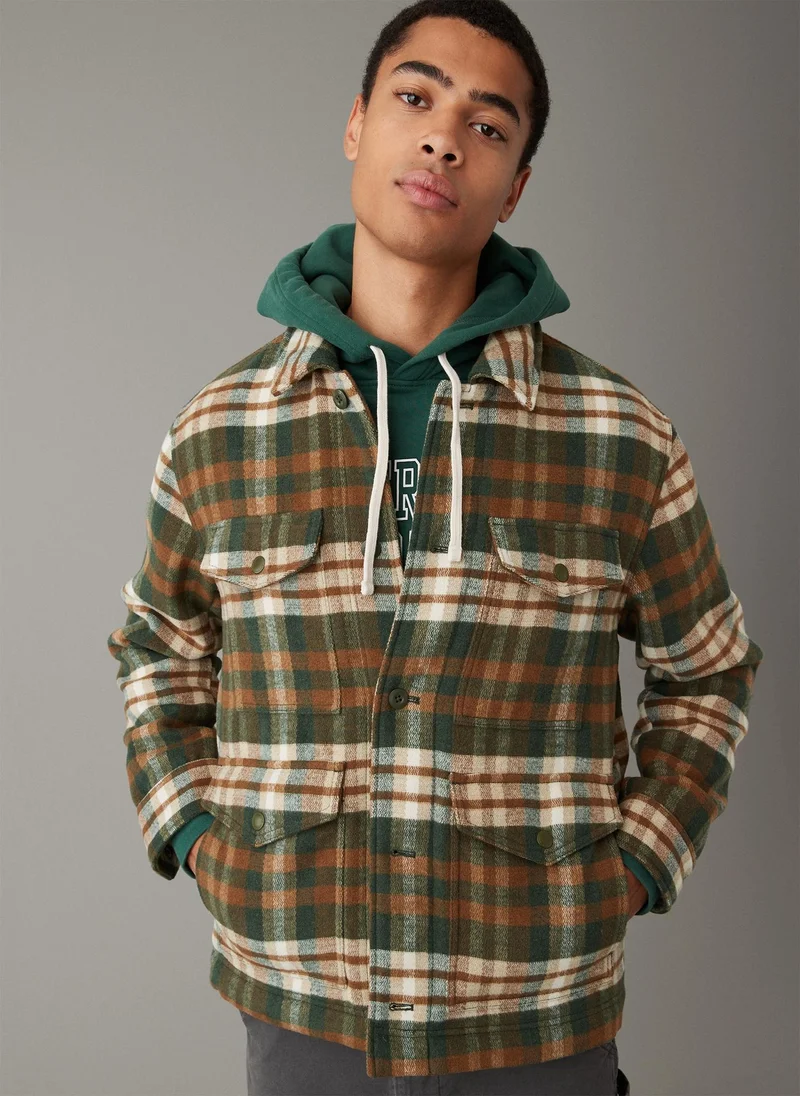American Eagle Plaid Button Up Color Block Jacket