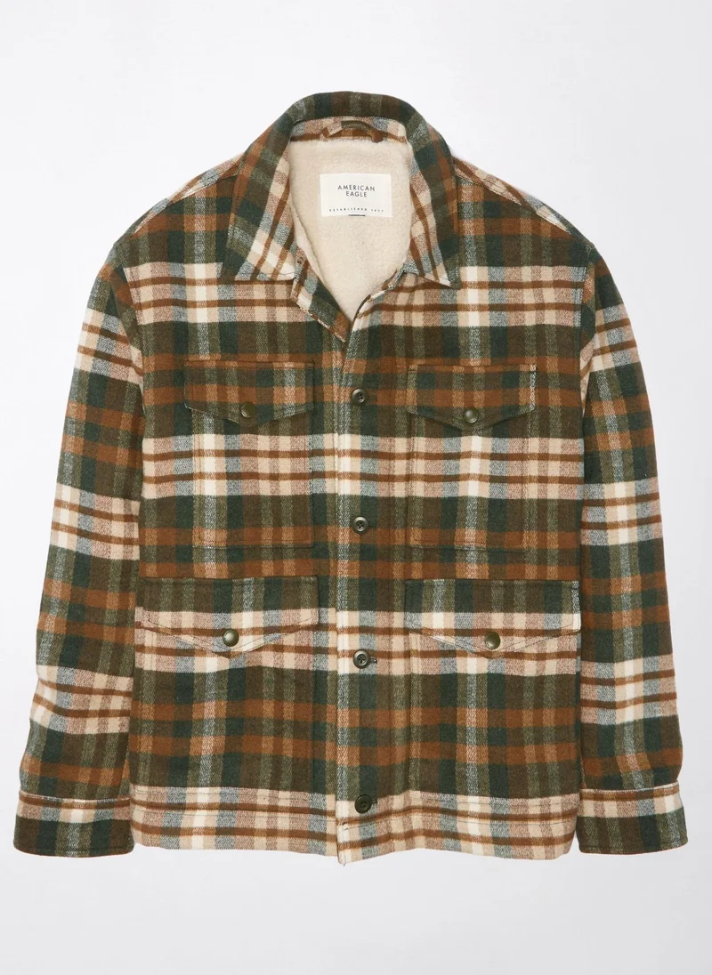 American Eagle Plaid Button Up Color Block Jacket