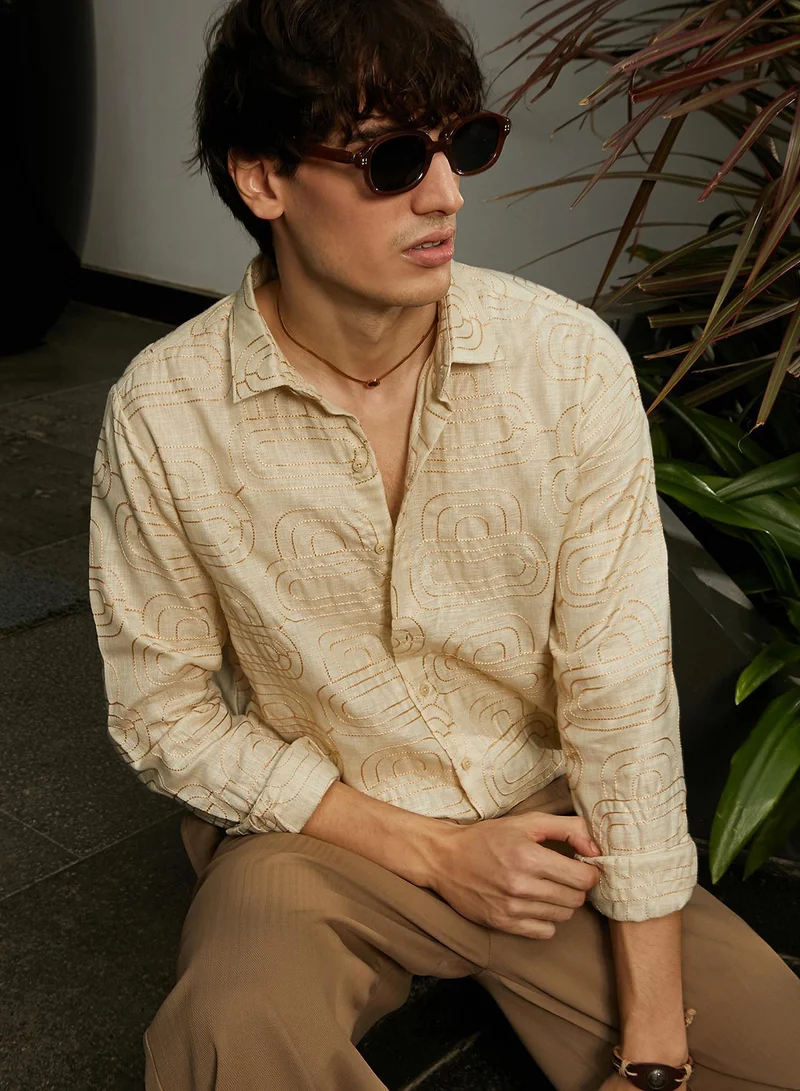 Campus Sutra Men's Khaki Beige Curve-Lined Shirt