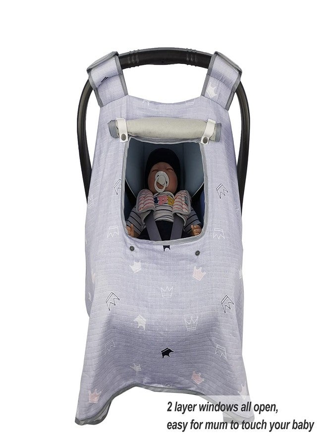 ICOPUCA Car seat Covers for Babies, Kick-Proof carseat Cover boy Girls, carseat Canopy with Window, Light Weight Muslin, fit Summer/Autumn/Spring, Neutral, Grey Crown; - Image 4
