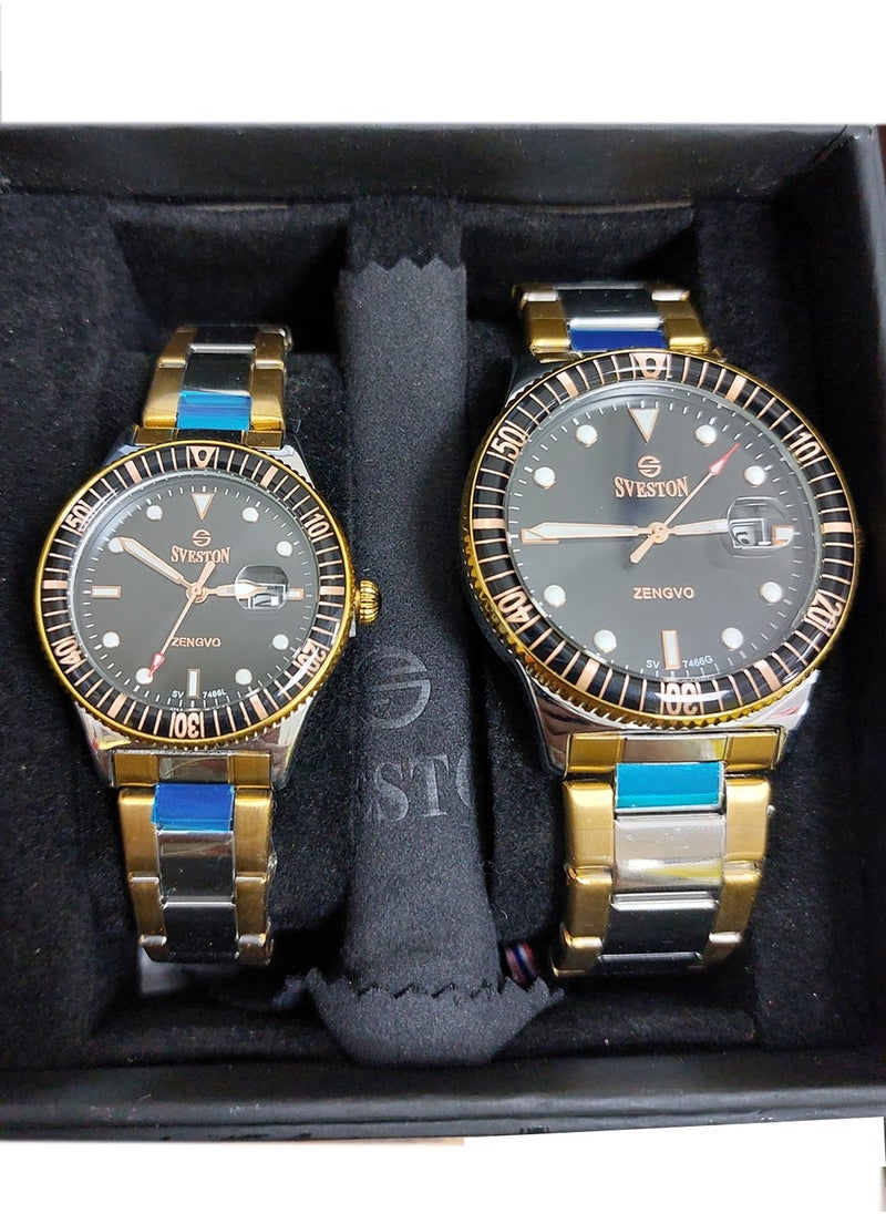 Sveston - Couple Set Analog Quartz Two tone Stainless Steel Watch - 7466 - Image 1