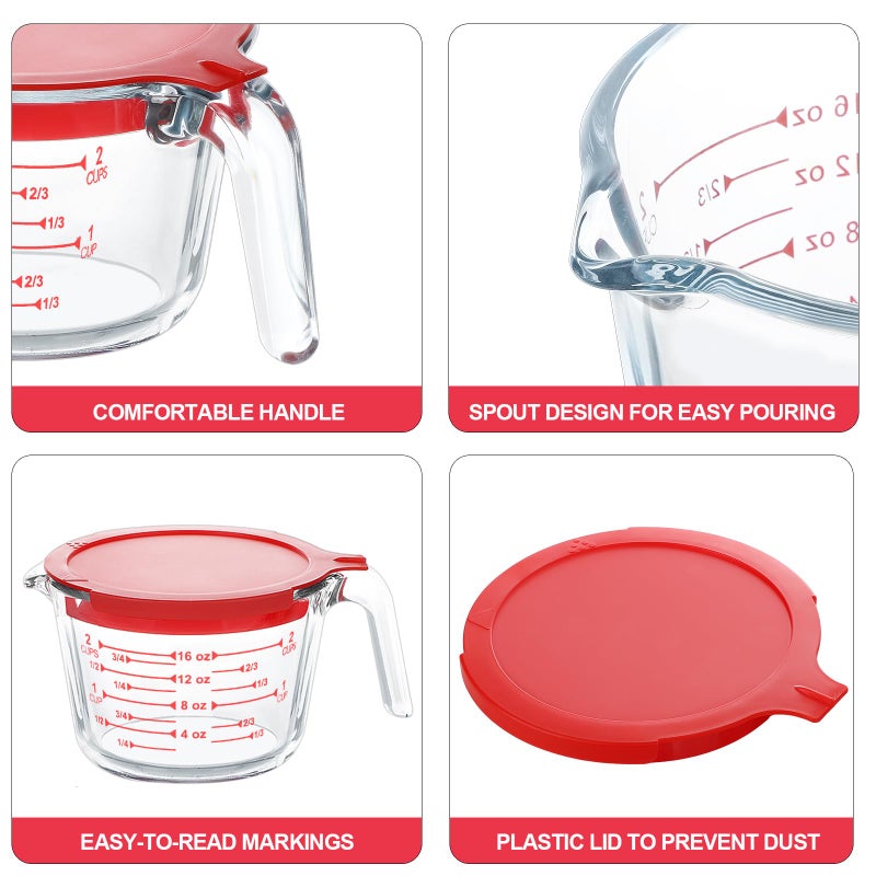 KOMUEE 4 Piece Glass Measuring Cups Set, 5 Oz, 1-Cup, 2-Cup, 4-Cup Liquid Measuring Cups with Lids for Kitchen, Freezer and Microwave Safe - Image 3