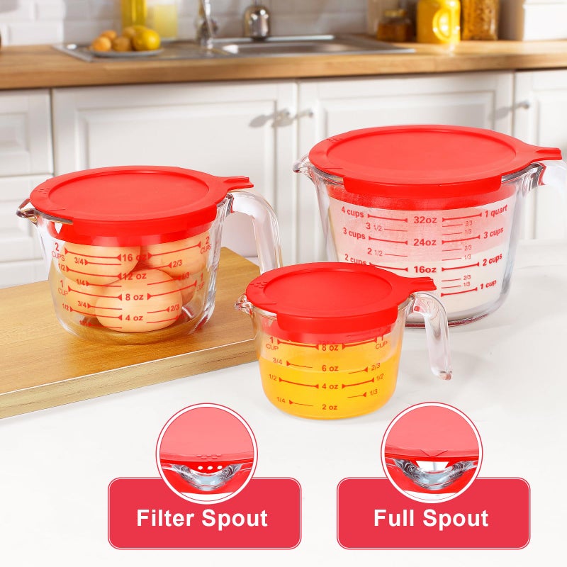 KOMUEE 4 Piece Glass Measuring Cups Set, 5 Oz, 1-Cup, 2-Cup, 4-Cup Liquid Measuring Cups with Lids for Kitchen, Freezer and Microwave Safe - Image 4