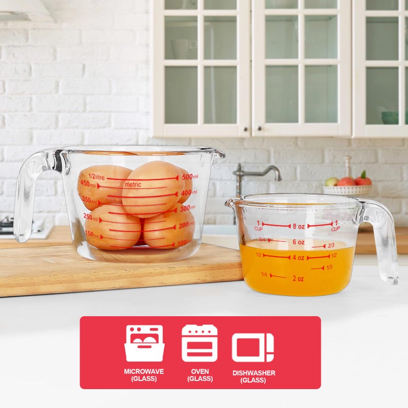 KOMUEE 4 Piece Glass Measuring Cups Set, 5 Oz, 1-Cup, 2-Cup, 4-Cup Liquid Measuring Cups with Lids for Kitchen, Freezer and Microwave Safe - Image 2