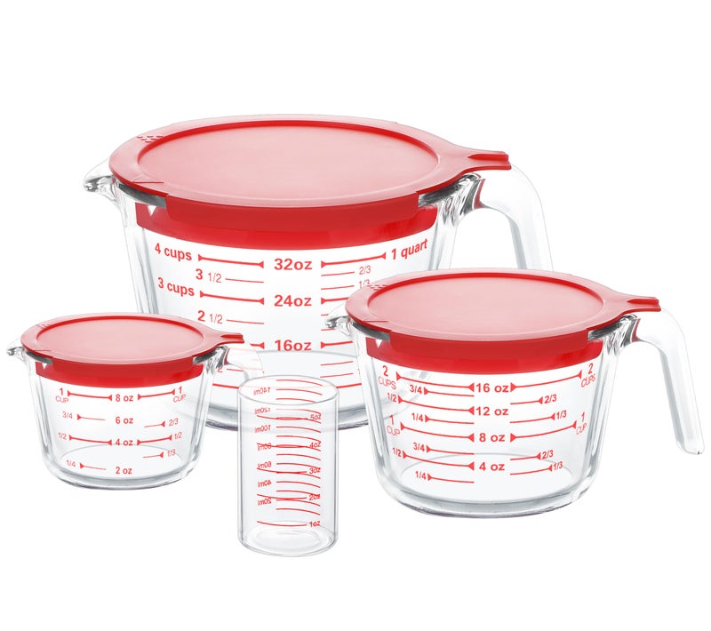 KOMUEE 4 Piece Glass Measuring Cups Set, 5 Oz, 1-Cup, 2-Cup, 4-Cup Liquid Measuring Cups with Lids for Kitchen, Freezer and Microwave Safe - Image 1
