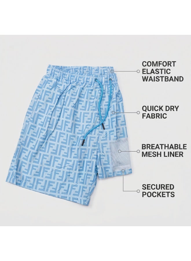 IceZone Men's Swim Trunks – Light Blue Geometric Print Board Shorts, Mesh-Lined Quick-Dry Beach Swimwear with Drawstring & Pockets - Image 3