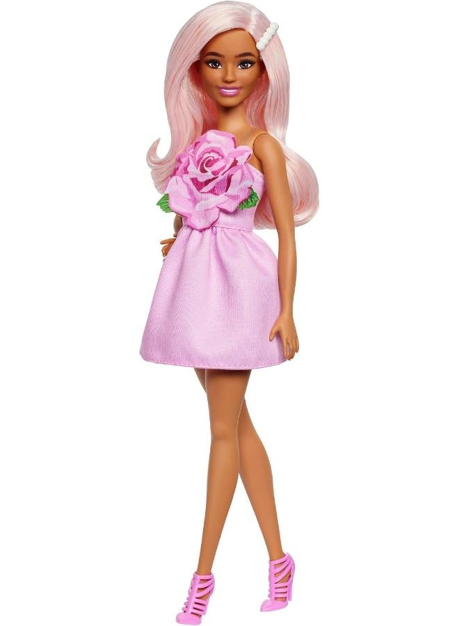 Barbie Fashionistas Doll #238 with Pastel Pink Hair Wearing Strapless Dress with Rose Bodice, Pearly Barrette Accessory and Strappy Pink Heels - Image 2