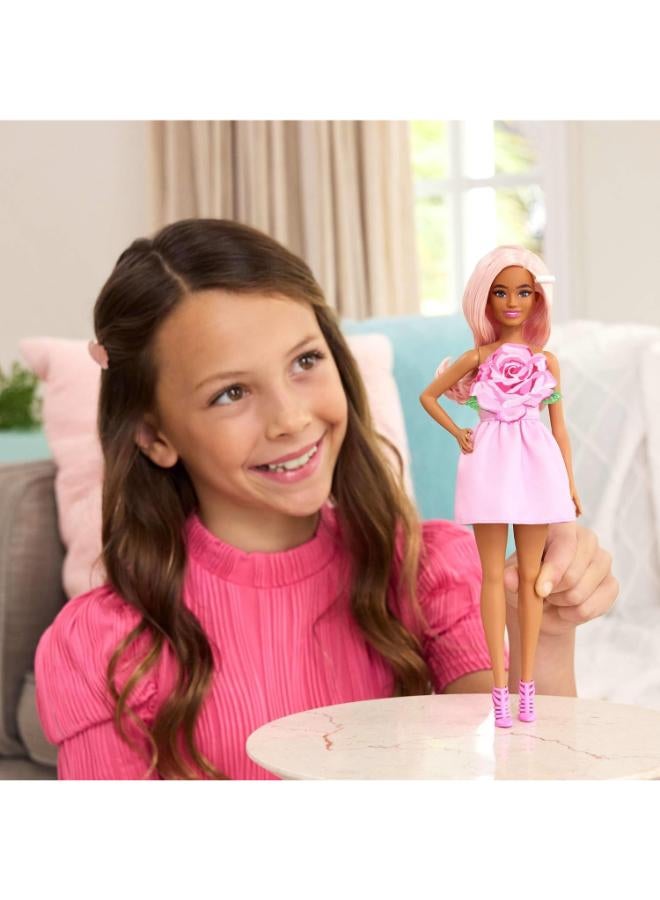 Barbie Fashionistas Doll #238 with Pastel Pink Hair Wearing Strapless Dress with Rose Bodice, Pearly Barrette Accessory and Strappy Pink Heels - Image 4