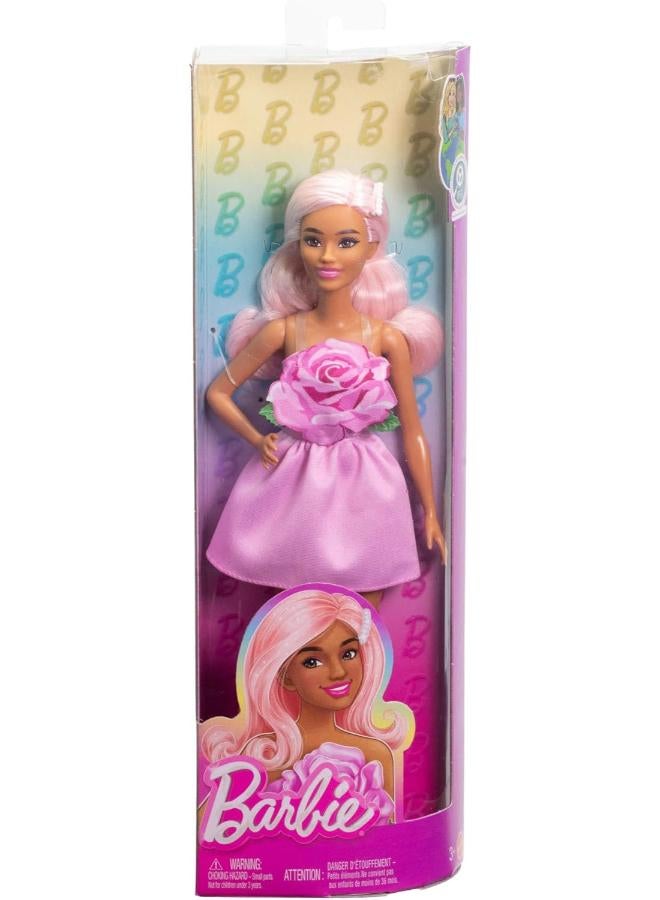 Barbie Fashionistas Doll #238 with Pastel Pink Hair Wearing Strapless Dress with Rose Bodice, Pearly Barrette Accessory and Strappy Pink Heels - Image 1