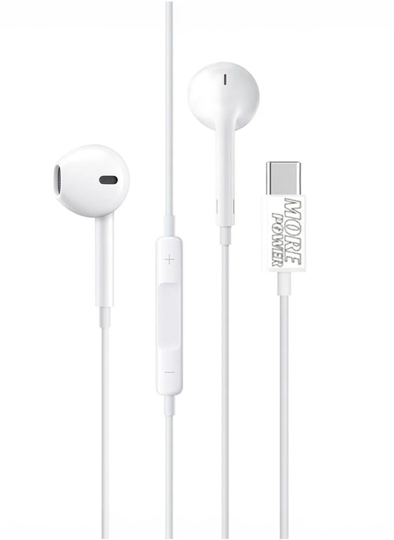 MORE POWER MorePower Hi-Tech Wired Earbuds with Type C Connector - Light and Stylish Design in White - Compatible with iPhone 15, 16 and Other USB-C Devices 