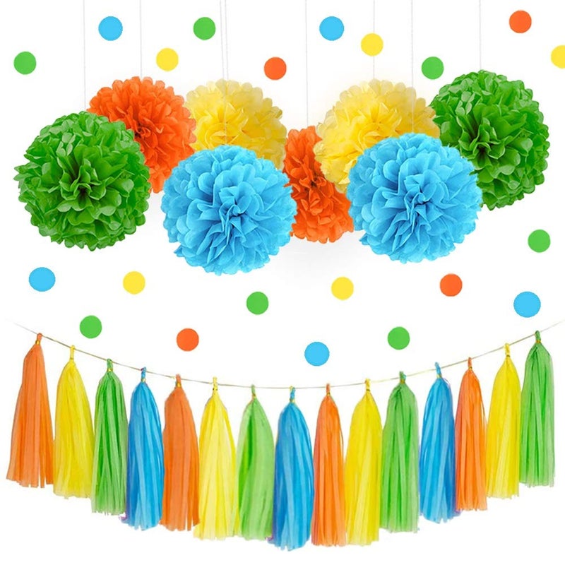 IGUO Monster Bash Party Decorations 30Pcs Yellow Blue Green Orange Tissue Pom Poms Monster Party Favors 1st Birthday Supplies Paper Tassel Garland for Girls Boys Baby Shower Kids Party Supplies