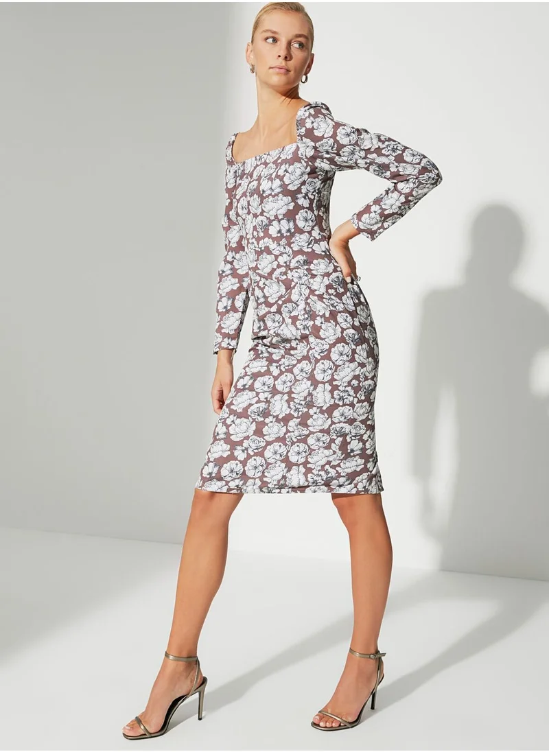 trendyol Square Neck Floral Print Dress