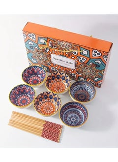 Elegant Pomicia Ceramic Dinnerware Set - 6 Bowls & 6 Pairs of Chopsticks, Subsurface Glazed Finish, Stackable Design, High-Temperature Fired Porcelain Dinnerware for Cereal, Soup, and Salads, Ideal Gift in Decorative Box