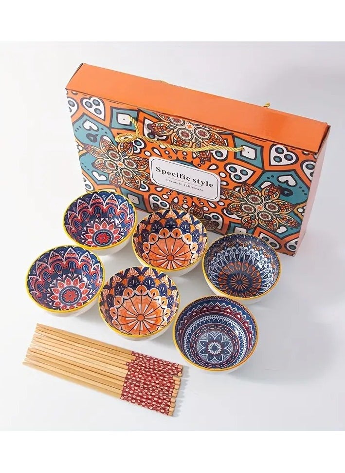 Generic - Elegant Pomicia Ceramic Dinnerware Set - 6 Bowls & 6 Pairs of Chopsticks, Subsurface Glazed Finish, Stackable Design, High-Temperature Fired Porcelain Dinnerware for Cereal, Soup, and Salads, Ideal Gift in Decorative Box - Image 1