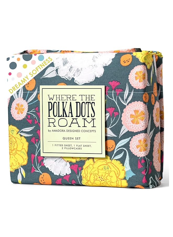 إيروريكس طقم ملاءات كينج من الألياف الدقيقة من Where The Polka Dots Roam - زهور على ملاءات تبريد مقاومة للبقع والتجاعيد لسرير كينج - ملاءات ناعمة من الألياف الدقيقة مسطحة وملائمة بوزن 90 جرامًا للمتر المربع مع 2 كيس وسادة من - Image 1