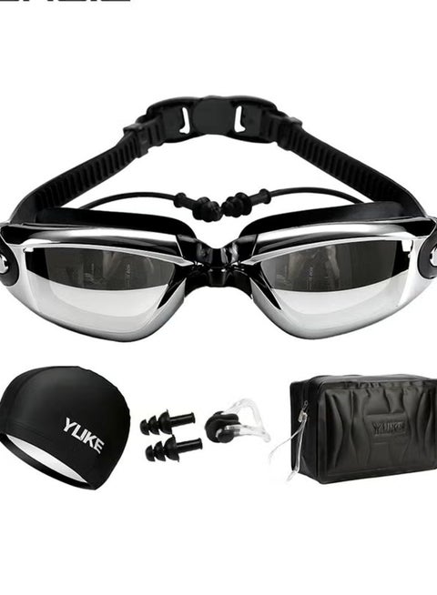 5-in-1 anti-fog swimming goggles - Swimming goggle set with swimming cap, ear plugs, nose clip, leak-proof swimming goggles and inflation bag - Waterproof swimming goggles that can effectively block UV rays - Suitable for men and women （black)