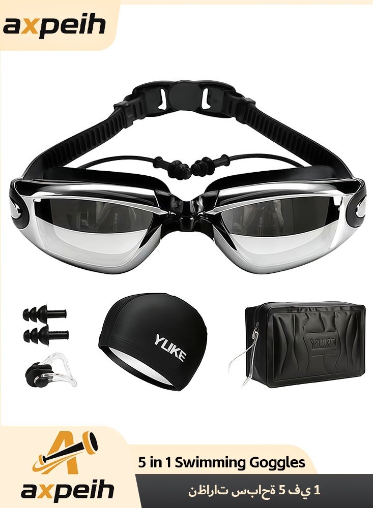 5-in-1 Anti-Fog Swimming Goggles - Swimming Goggle Set with Swimming Cap, Ear Plugs, Nose Clip, Leak-Proof Swimming Goggles, and Inflation Bag - Waterproof Swimming Goggles that Effectively Block UV Rays - Suitable for Men and Women (Black)