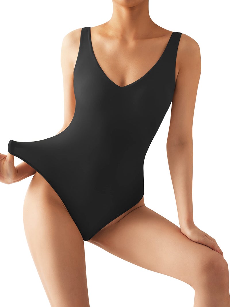 SUUKSESS Women 2 Piece Thong Bodysuit Sexy V Neck Backless Sleeveless Tank Tops Body Suits (Black & Brown, M) - Image 4
