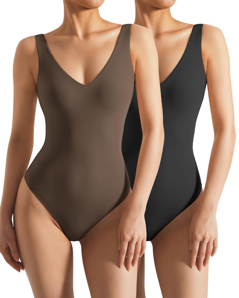 SUUKSESS Women 2 Piece Thong Bodysuit Sexy V Neck Backless Sleeveless Tank Tops Body Suits (Black & Brown, M) - Image 1