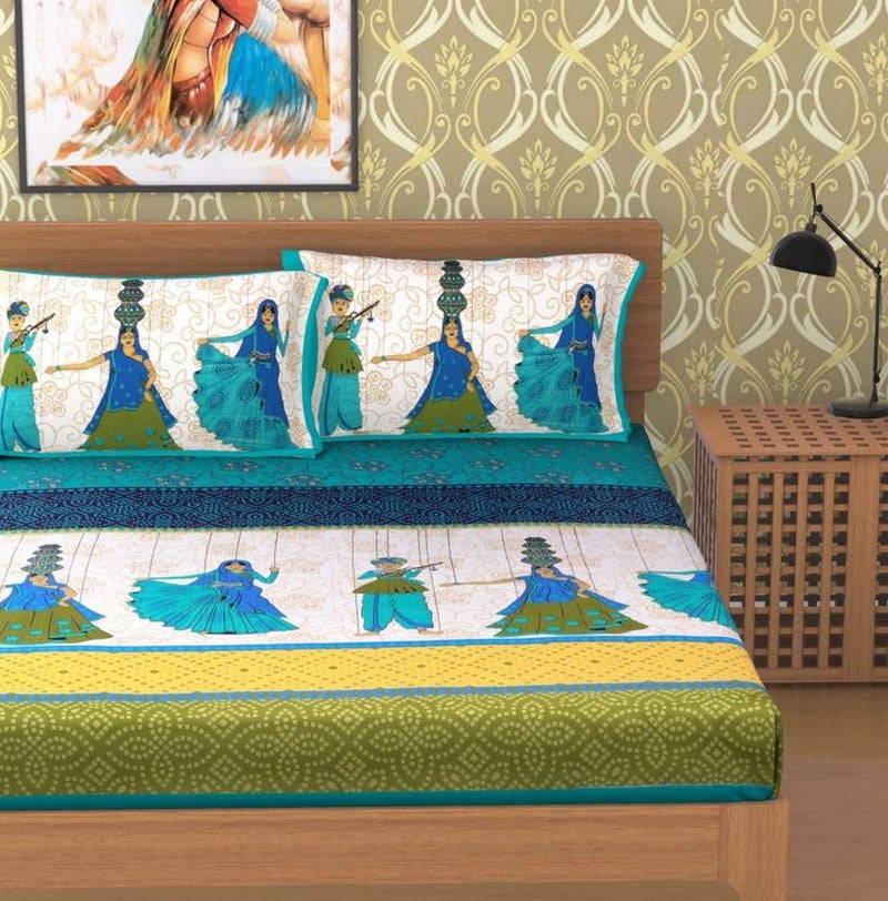 Monik handicrafts 100 Pure Cotton New Jaipuri Traditional King Size Double Bedsheet With 2 Pillow CoverGreen - Image 2