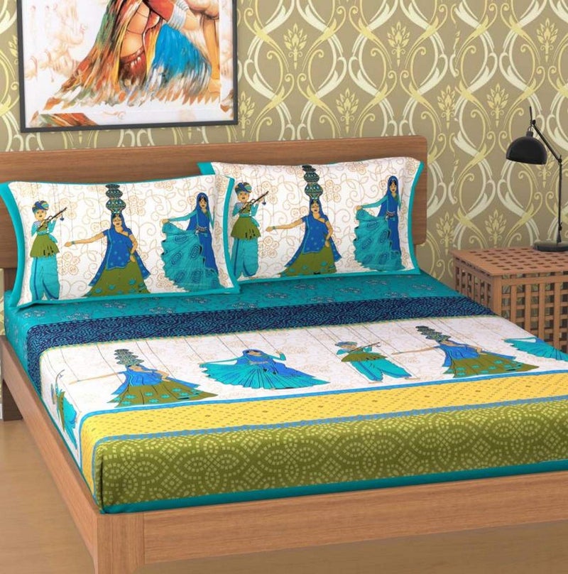 Monik handicrafts 100 Pure Cotton New Jaipuri Traditional King Size Double Bedsheet With 2 Pillow CoverGreen - Image 5