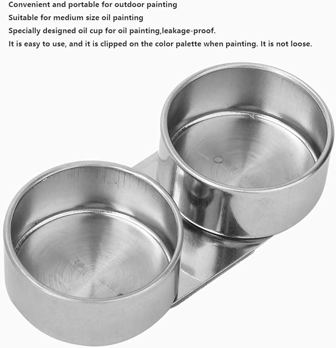 GLOGLOW Oil Painting Cup, Stainless Steel Double Dipper Palette Cup for Outdoor Art Projects Other Art Supplies (Stainless Steel 4) stainless steel 4 - Image 2