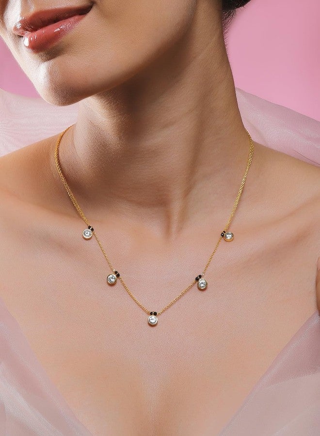 Rubans 18K Gold-Plated White Cubic Zirconia Studded Minimal Mangalsutra Necklace with Black Beaded Chain for Women & Girls - Daily & Elegant Looks - Image 2