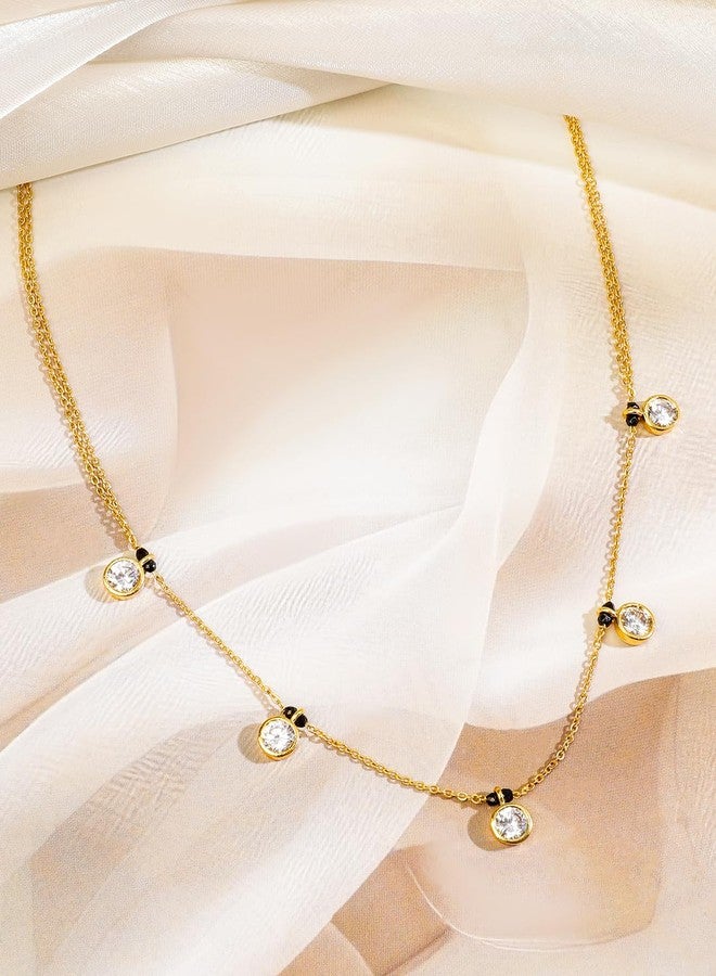 Rubans 18K Gold-Plated White Cubic Zirconia Studded Minimal Mangalsutra Necklace with Black Beaded Chain for Women & Girls - Daily & Elegant Looks - Image 3