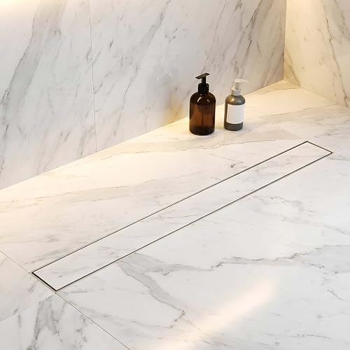 LIPKA Rectangular Tile Insert Shower Drain Channel | 48 x 3 Inches | Waste Water Floor Drain for 13mm Tile | 304 Stainless Steel | Invisible Shower Drainer Channel | Anti Cockroach Trap and Side Hole - Image 1