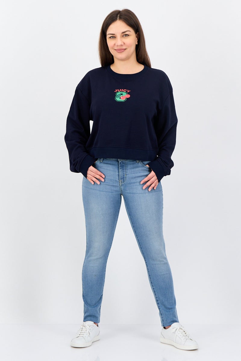 Juicy Couture Women Crew Neck Long Sleeve Graphic Print Sweaters, Navy - Image 4