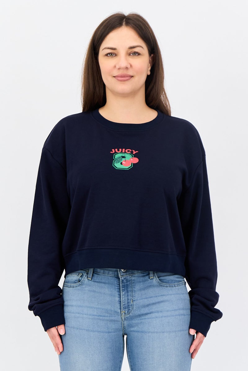 Juicy Couture Women Crew Neck Long Sleeve Graphic Print Sweaters, Navy - Image 1