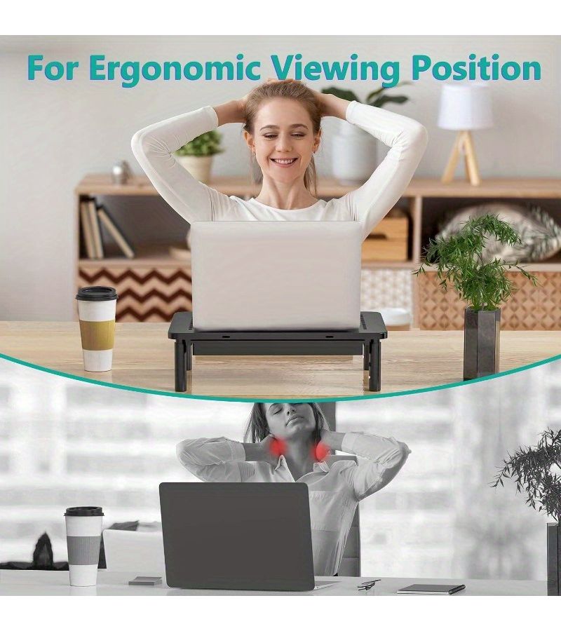 Black Monitor Stand with Storage Space Desktop Riser Air Vent 44 Lbs Load Capacity Non Slip Adjustable Height for Computers Laptops Notebooks - Image 2