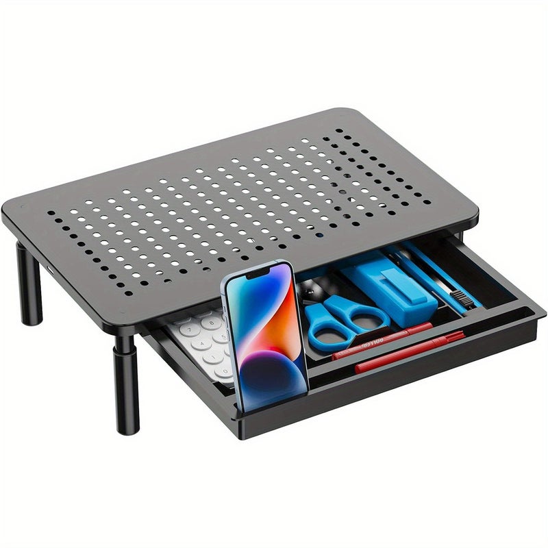 Black Monitor Stand with Storage Space Desktop Riser Air Vent 44 Lbs Load Capacity Non Slip Adjustable Height for Computers Laptops Notebooks - Image 1
