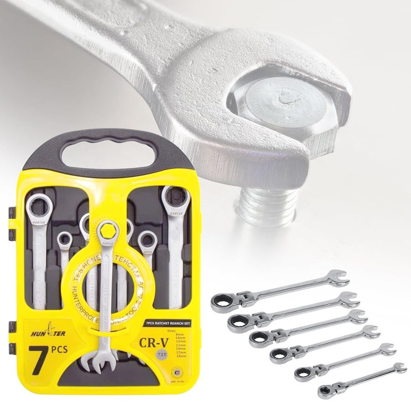 DASNDAS Combination Ratchet Spanner Set 7Pcs Flexible Head MultiFunctional Ratchet Combination Spanner Wrench 819mm Repair Tools Set with Open End Spanner and Carry Case for Cars Bicycles - Image 1