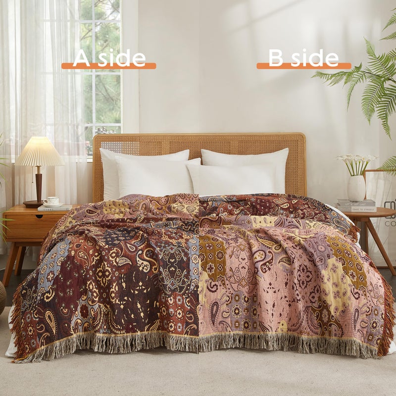 SE SOFTEXLY Boho Throw Blanket for Bed 60â€x80â€, 100% Cotton Woven Blanket for Couch Sofa, Ultra Soft 4-Layer Muslin Quilt with Patchwork Floral Printed, Farmhouse Bed Blanket/Cover for Living Room Decor - Image 2