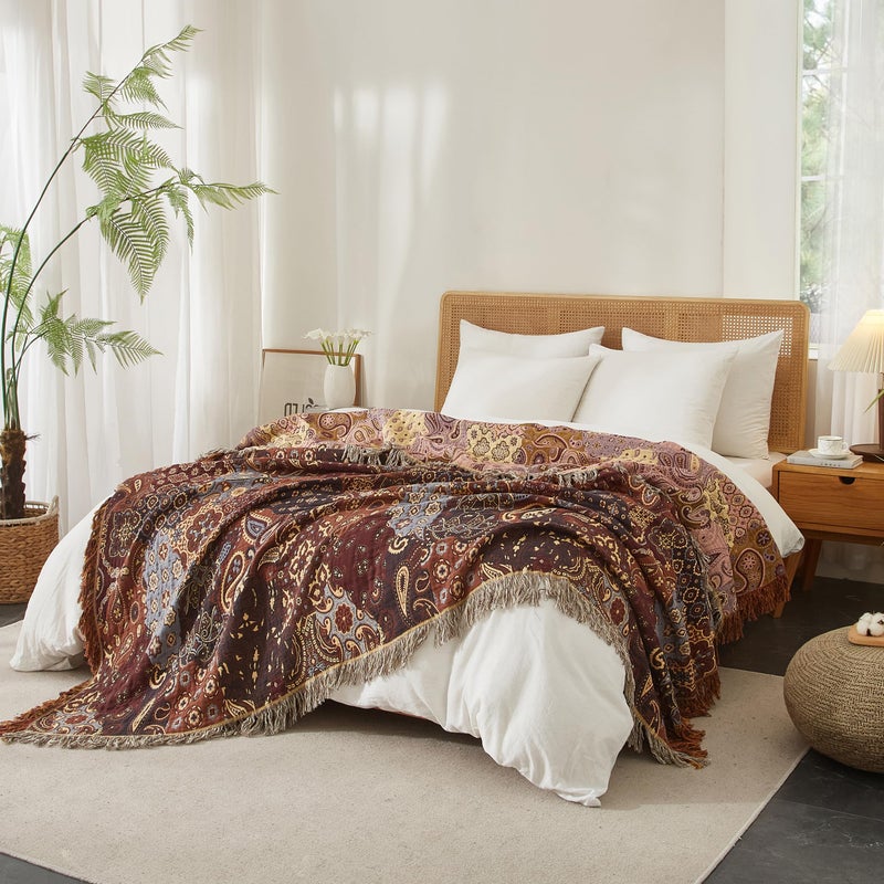 SE SOFTEXLY Boho Throw Blanket for Bed 60â€x80â€, 100% Cotton Woven Blanket for Couch Sofa, Ultra Soft 4-Layer Muslin Quilt with Patchwork Floral Printed, Farmhouse Bed Blanket/Cover for Living Room Decor - Image 3